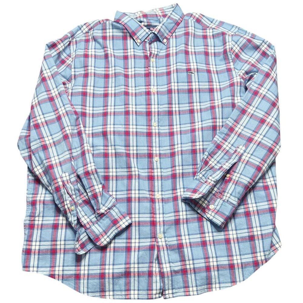 Vineyard Vines Shirt Mens Size XXL Red White Blue Plaid Whale Shirt Button Front